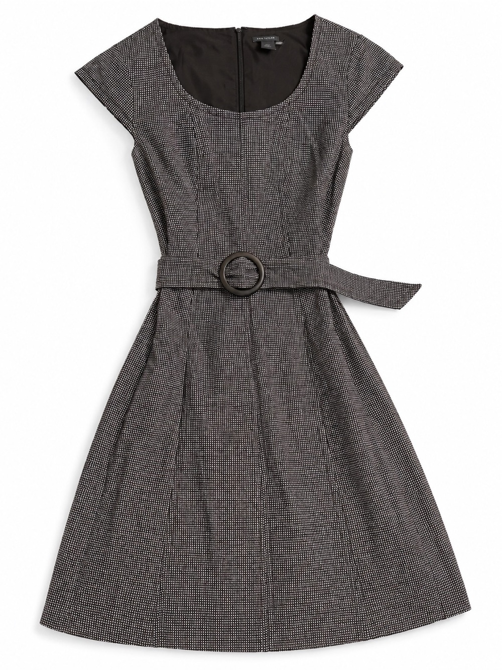 Ann Taylor Gray Fit-and-Flare Midi Dress with Belt. Size 0